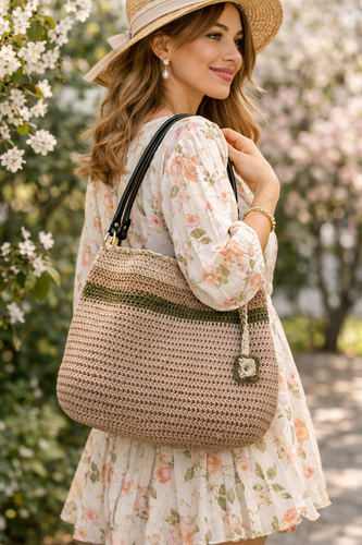 کیف مکرومه با بند چرمی